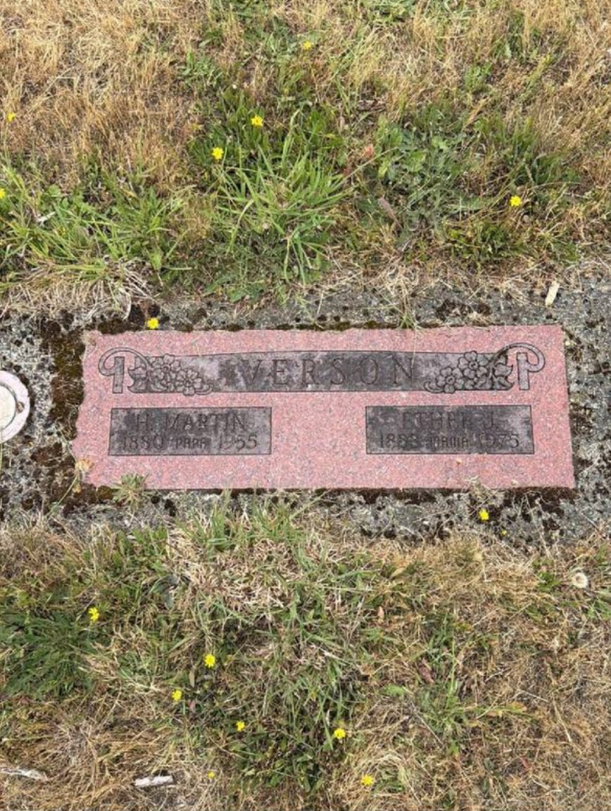 The same headstone before a Tendmory Care visit — overgrown and hard to read